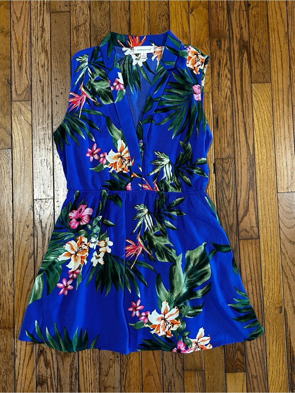 Coverstitched Blue Tropical Floral Sleeveless Fit & Flare Dress Large